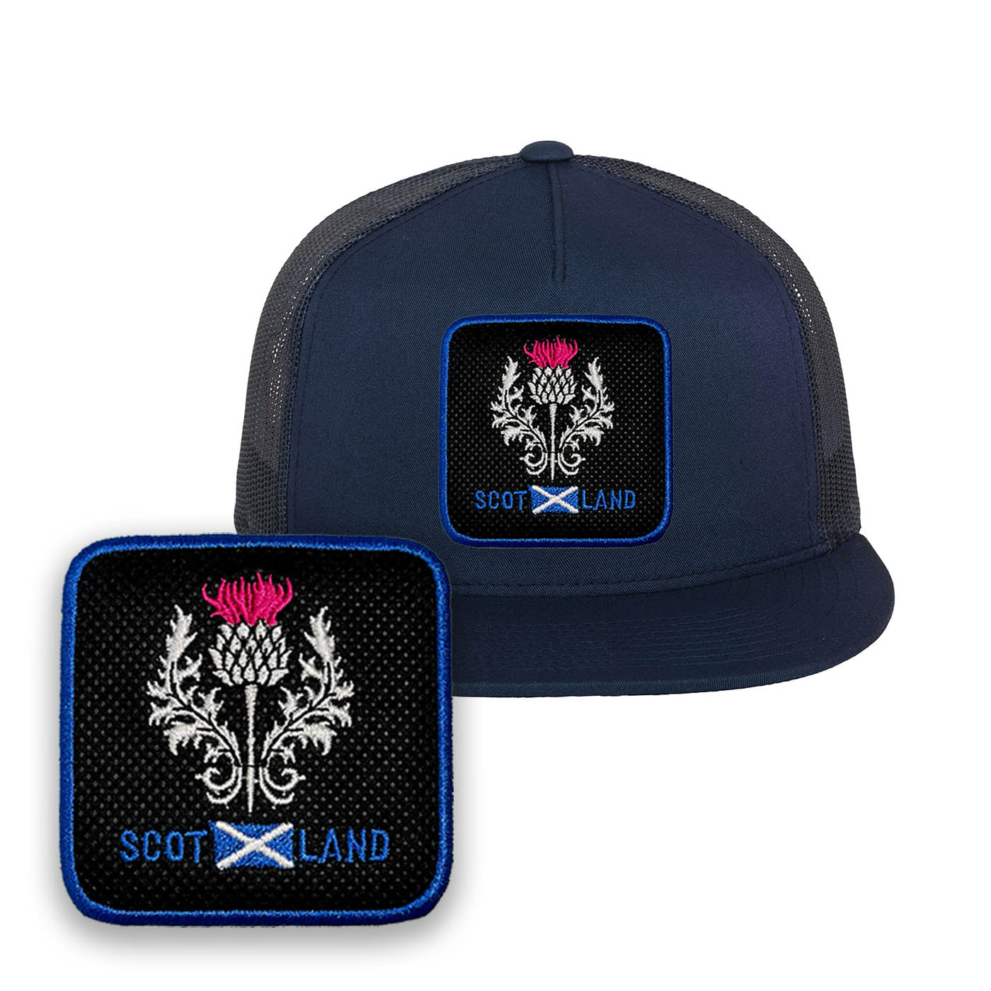 Scotland Trucker Hat with Removable Hook & Loop Patch | Embroidered Scotsman Mesh Snapback Cap | Black, White & Grey — Black